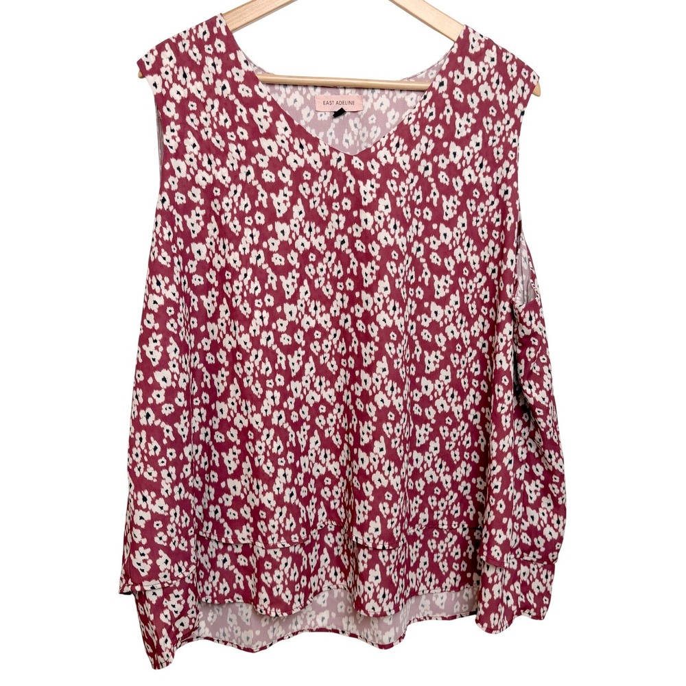 East Adeline Floral Sleeveless Top 1X Burgundy V-Neck High Low Office Layering